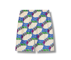 Beige shorts with geometric pattern on a white background