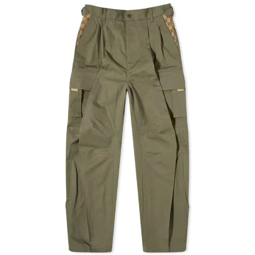Olive green cargo pants with patch pockets on a white background