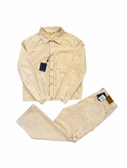 Beige winter coat with matching pants on a white background