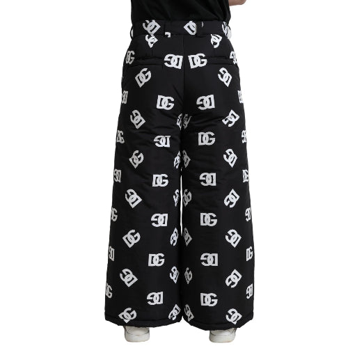 Black pants with white logos on a white background