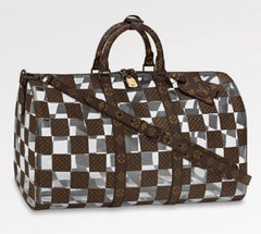 A Louis Vuitton duffle bag with a checkered pattern in brown and white colors, featuring leather material and a bandouliere strap.