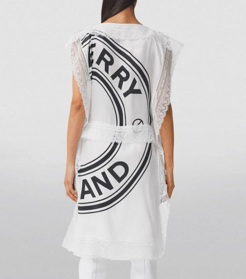 Burberry 100% Silk Lace Logo Print Midi Dress