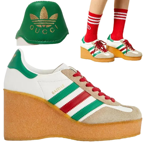 A white Adidas platform sneaker with green and red stripes, shown in a clean product shot alongside a smaller green version and a lifestyle inset of someone wearing red socks with the shoes.
