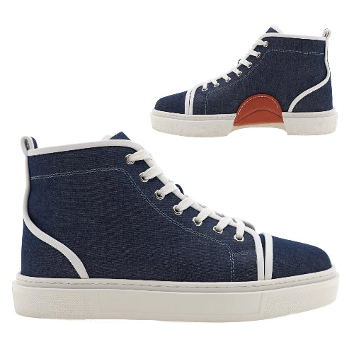 A pair of navy blue high-top sneakers with white laces, white soles, and a small orange accent on the heel, shown against a plain white background.