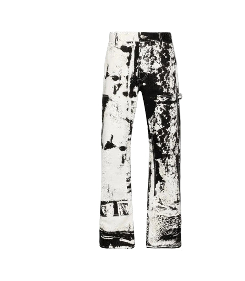Black and white abstract patterned pants shown against a plain white background.