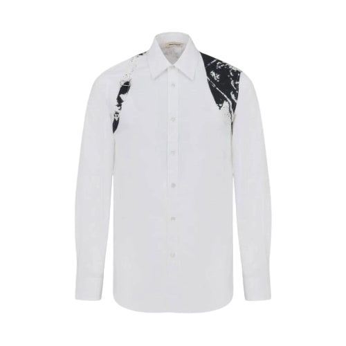 A white long-sleeve button-up shirt with black and gray abstract graphic patterns on the right shoulder and sleeve, shown on a plain white background.