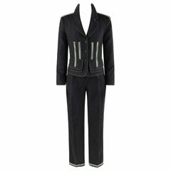 A dark charcoal gray two-piece suit featuring a tailored blazer with light gray contrast piping and zippered pockets, paired with matching straight-leg trousers.
