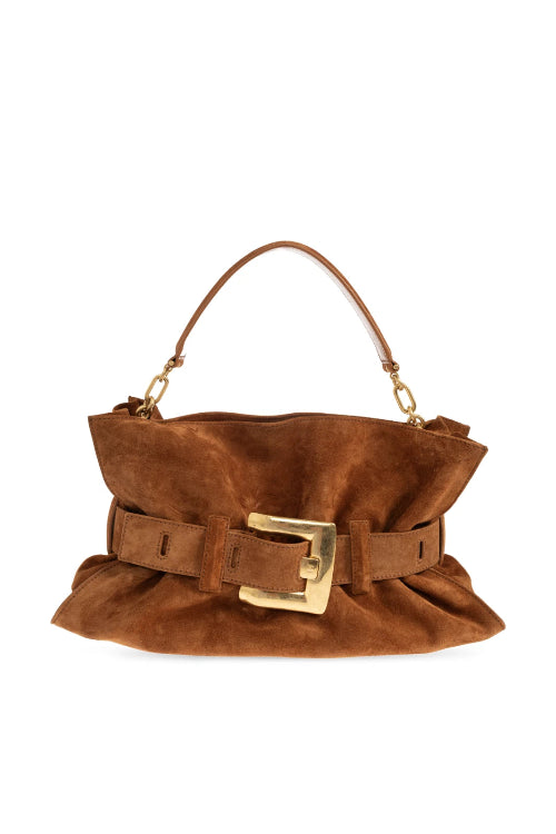 A brown suede shoulder bag with a wide matching belt and a prominent gold-tone buckle, shown against a plain white background.