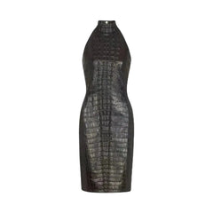 A sleeveless halter-neck dress with a dark brown and black crocodile-embossed texture, shown against a light gray background.