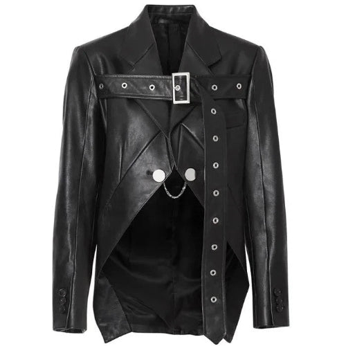 Black leather jacket with unique design elements on a white background