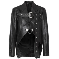 Black leather jacket with unique design elements on a white background
