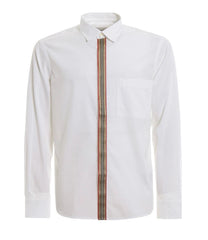 A white long-sleeve button-down shirt with a vertical striped detail running down the center front, featuring a single chest pocket and a classic collar.