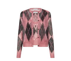 A pink button-front cardigan with an argyle pattern in pink, charcoal gray, and black, featuring a teddy bear motif on the center chest.