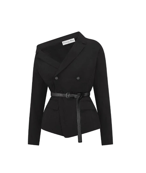 A black double-breasted belted jacket with long sleeves, shown against a plain white background.