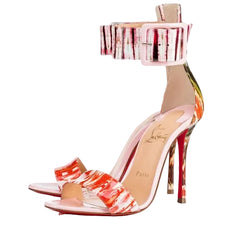 Colorful high-heeled sandals with a brand logo on a white background