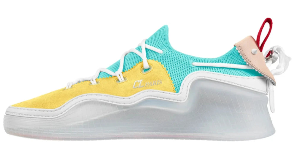 A low-top sneaker by Cleco featuring a yellow suede toe box, a turquoise knit upper, a translucent white sculpted midsole, and a beige pull tab with a red loop.
