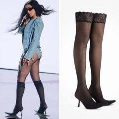 A model on the left wears thigh-high sheer black tights with a lace top band and pointed-toe high heels. On the right, a clean product shot shows the same pair of tights against a white background.