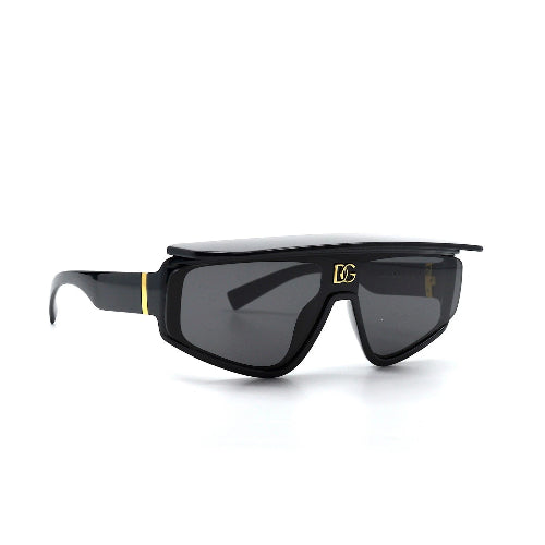 Black sunglasses with a logo on a white background