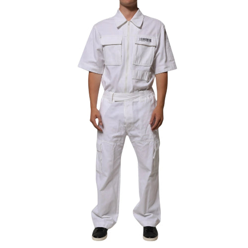 Person wearing a white work uniform on a white background