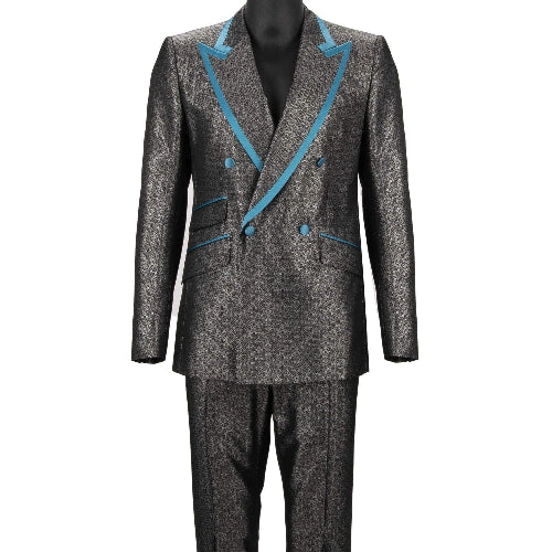 Gray suit with blue accents on a white background