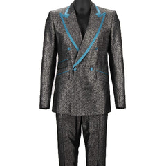 Gray suit with blue accents on a white background