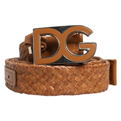 Brown woven belt with a prominent 'DG' buckle on a white background