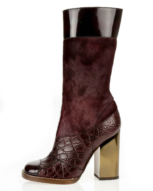 Dolce & Gabbana Bordeaux Calf Hair Crocodile Leather Cap Toe Boots