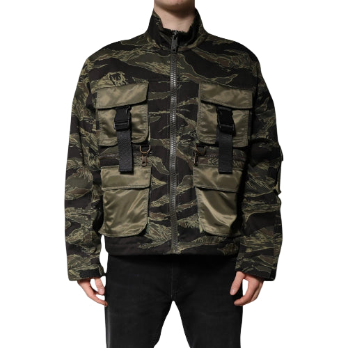 Camouflage jacket with multiple pockets and straps on a white background