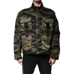 Camouflage jacket with multiple pockets and straps on a white background