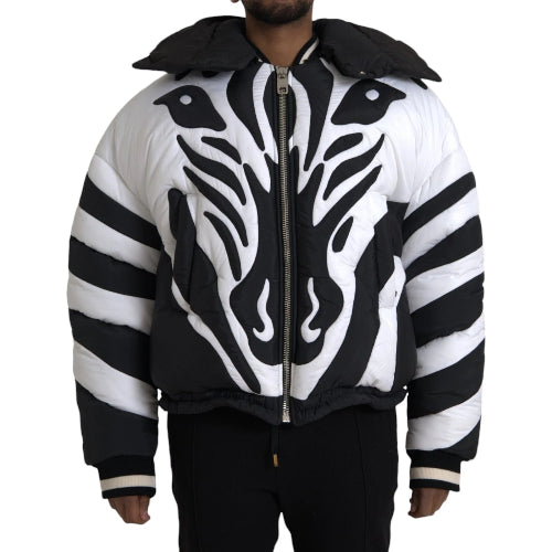 Black and white striped jacket with tribal design on a white background