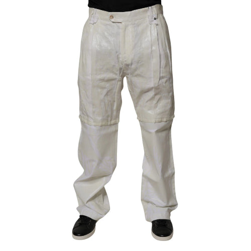 Off-white canvas work pants with a double-leg design, featuring a black top and black shoes on a white background.