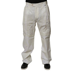 Off-white canvas work pants with a double-leg design, featuring a black top and black shoes on a white background.
