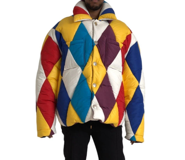 Colorful diamond-patterned jacket on a white background