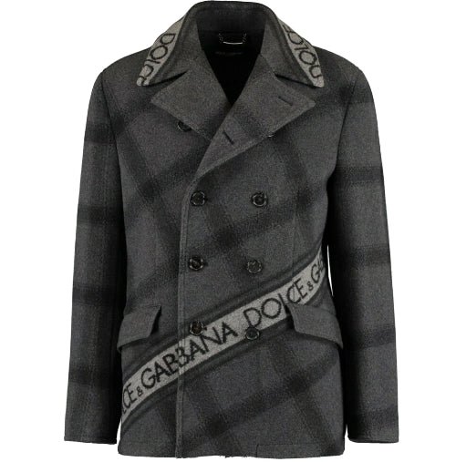 Gray checkered coat with Dolce & Gabbana branding on a white background