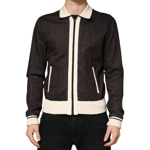 Black pinstripe jacket with white accents on a white background