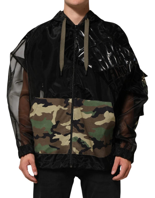 Black jacket with camouflage pattern on a white background