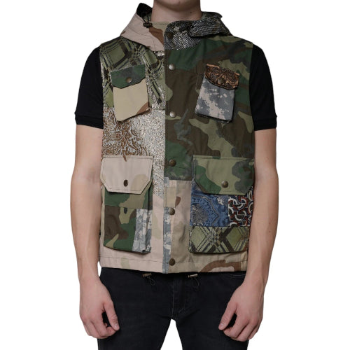 Camouflage patterned vest with various patches on a white background