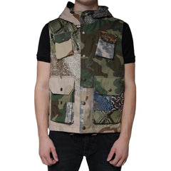 Camouflage patterned vest with various patches on a white background