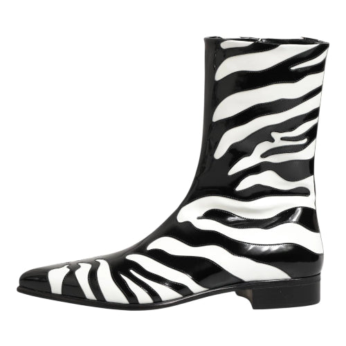 Zebra-striped rain boot on a white background