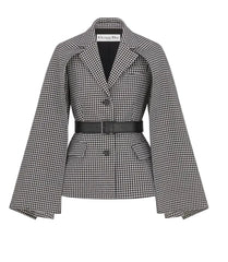 A structured gray double-breasted blazer with peak lapels and a double-breasted button closure, shown against a plain white background with a black text label at the bottom.
