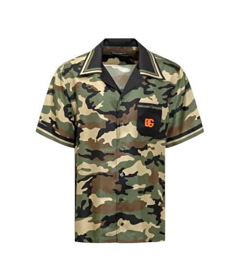 Camouflage shirt with a logo on a light gray background