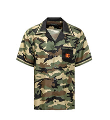 Camouflage shirt with a logo on a light gray background