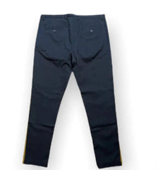 Navy blue pants on a white background with a brand logo in the corner.
