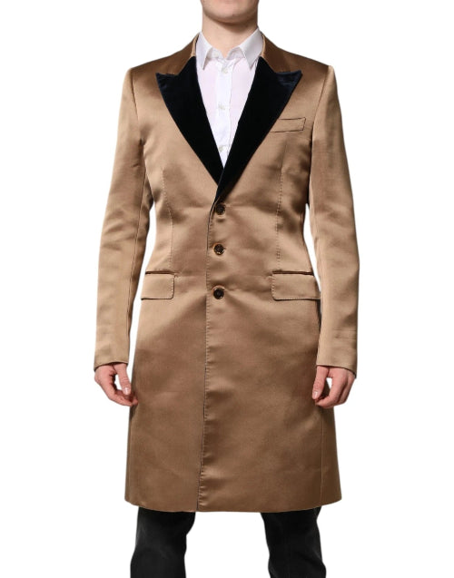Tan overcoat with black lapels on a white background
