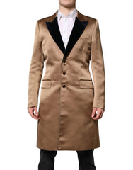 Tan overcoat with black lapels on a white background
