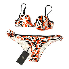 Fendi branded bikini set with geometric pattern on a white background