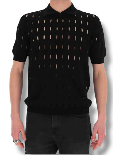 Black patterned shirt worn by a person on a white background