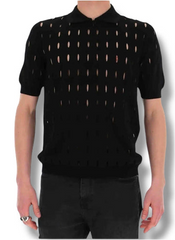 Black patterned shirt worn by a person on a white background