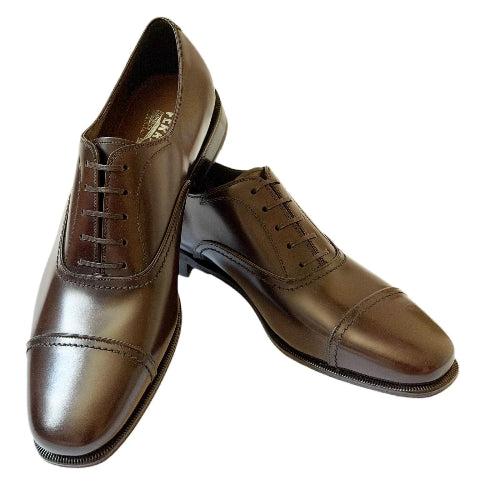 A pair of men's brown leather oxford dress shoes with brogue detailing, shown against a plain white background.