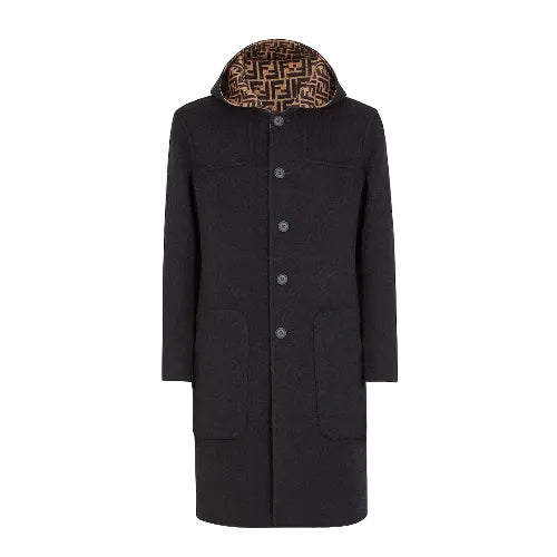 Fendi FF Men's Monogram Print Reversible Wool Hooded Coat